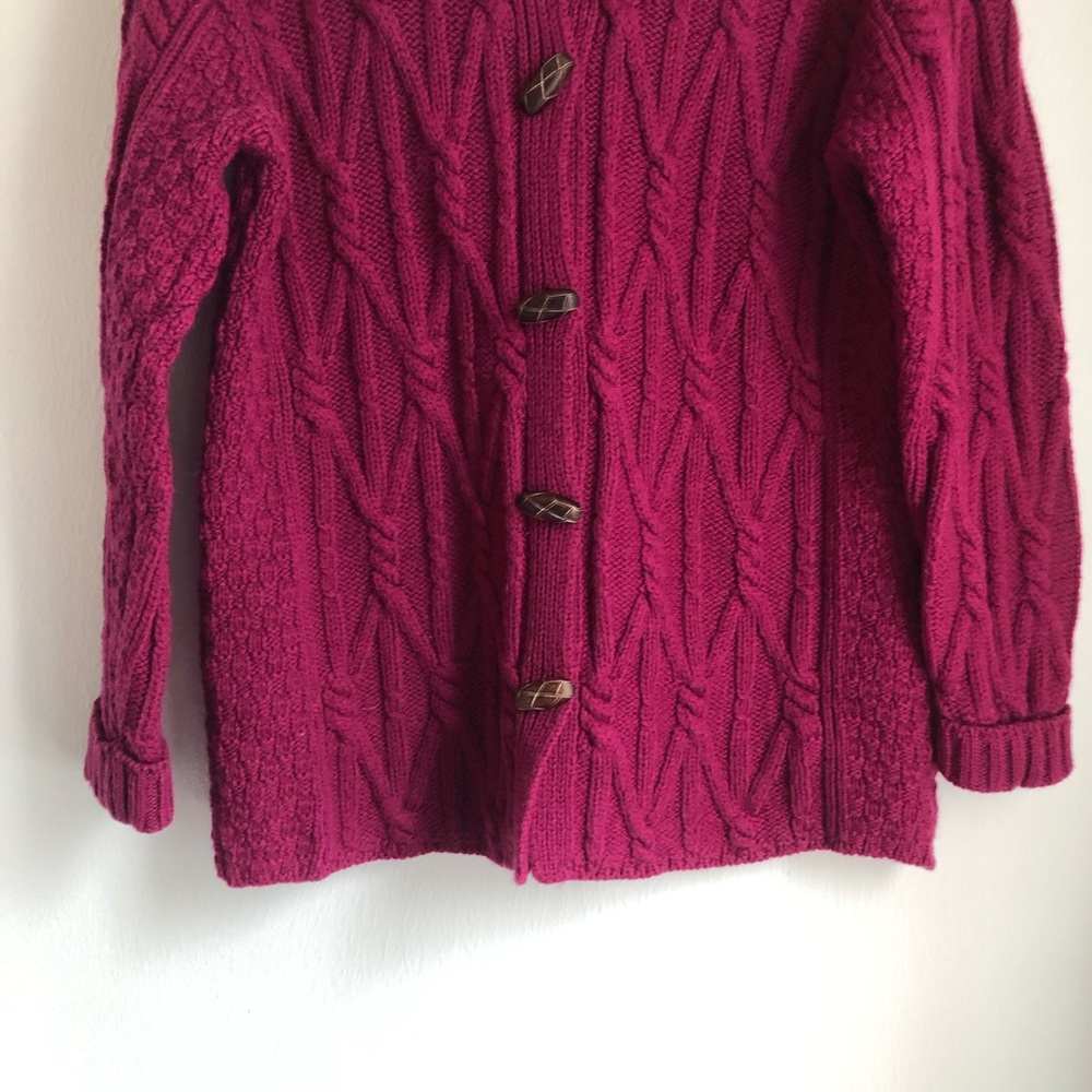 Aran Crafts Medium Vintage Cable Knit Fisherman Merino Wool Chunky Wine Cardigan - Picture 5 of 9